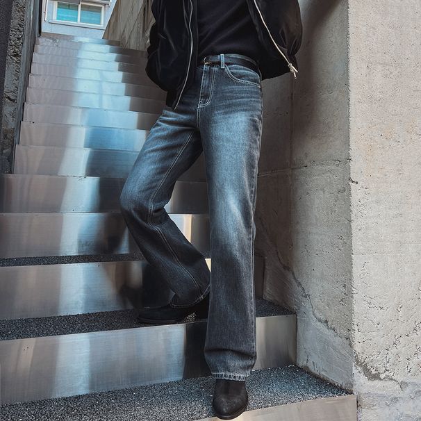 Men's Retro Washed Straight Leg Jeans – Korean Cleanfit Style, Classic Blue Denim For Casual & Winter Wear (M-XXL)_mkmklike.com