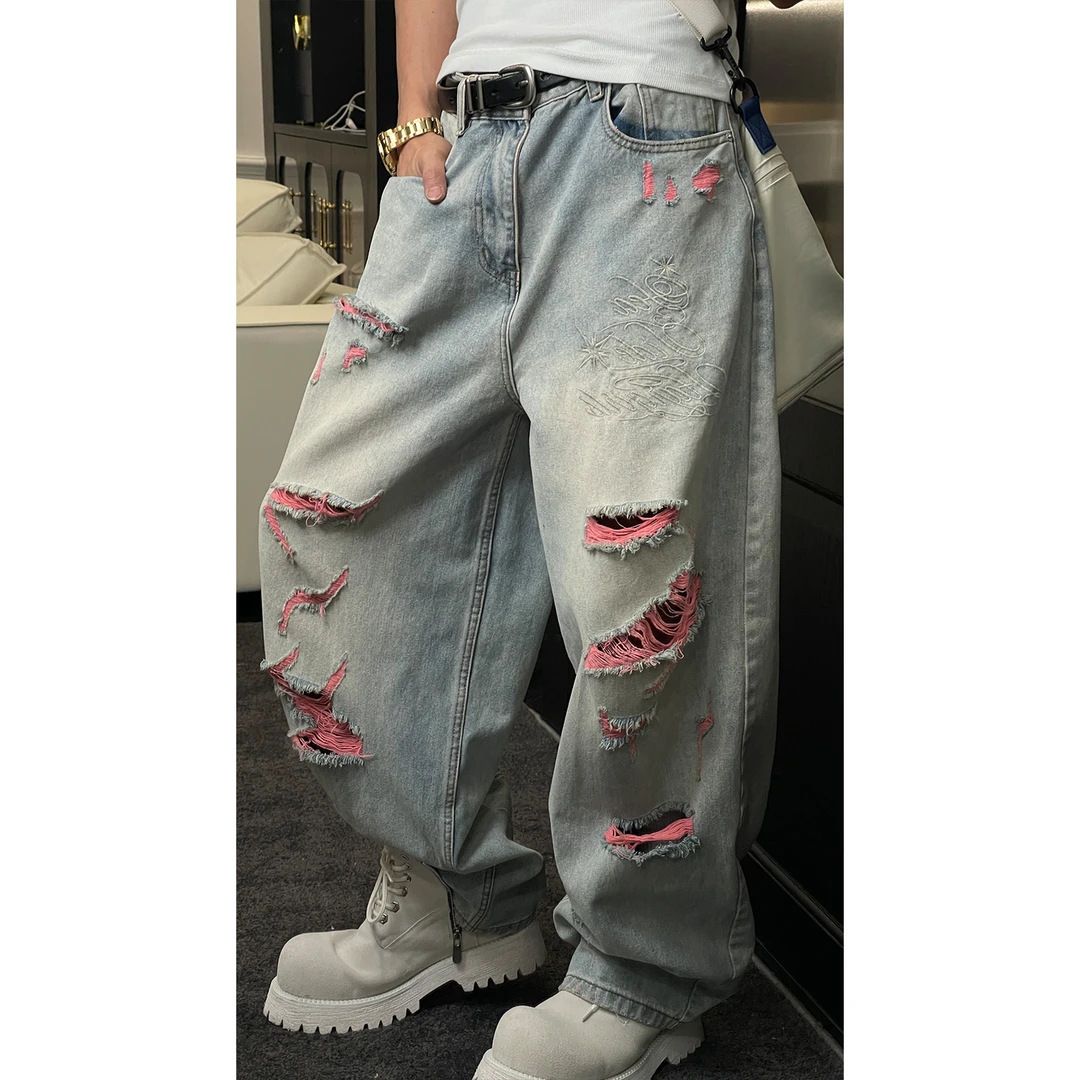 Men's Clothing High End Trendy Embroidered Distressed Casual Jeans Loose Fit Wide Leg Pants Curved Blade Cool And Versatile Niche_mkmklike.com