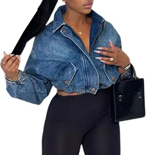 Trendy Cropped Denim Jacket With Drawstring Waist – Blue, Oversized Fit, Long Sleeve – Streetwear & Casual Style (S-XL)_mkmklike.com