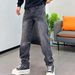 Men's Distressed Black Straight Leg Jeans With All-Over Star Print - Relaxed Fit Vintage Washed Denim Pants For Casual Wear_mkmklike.com