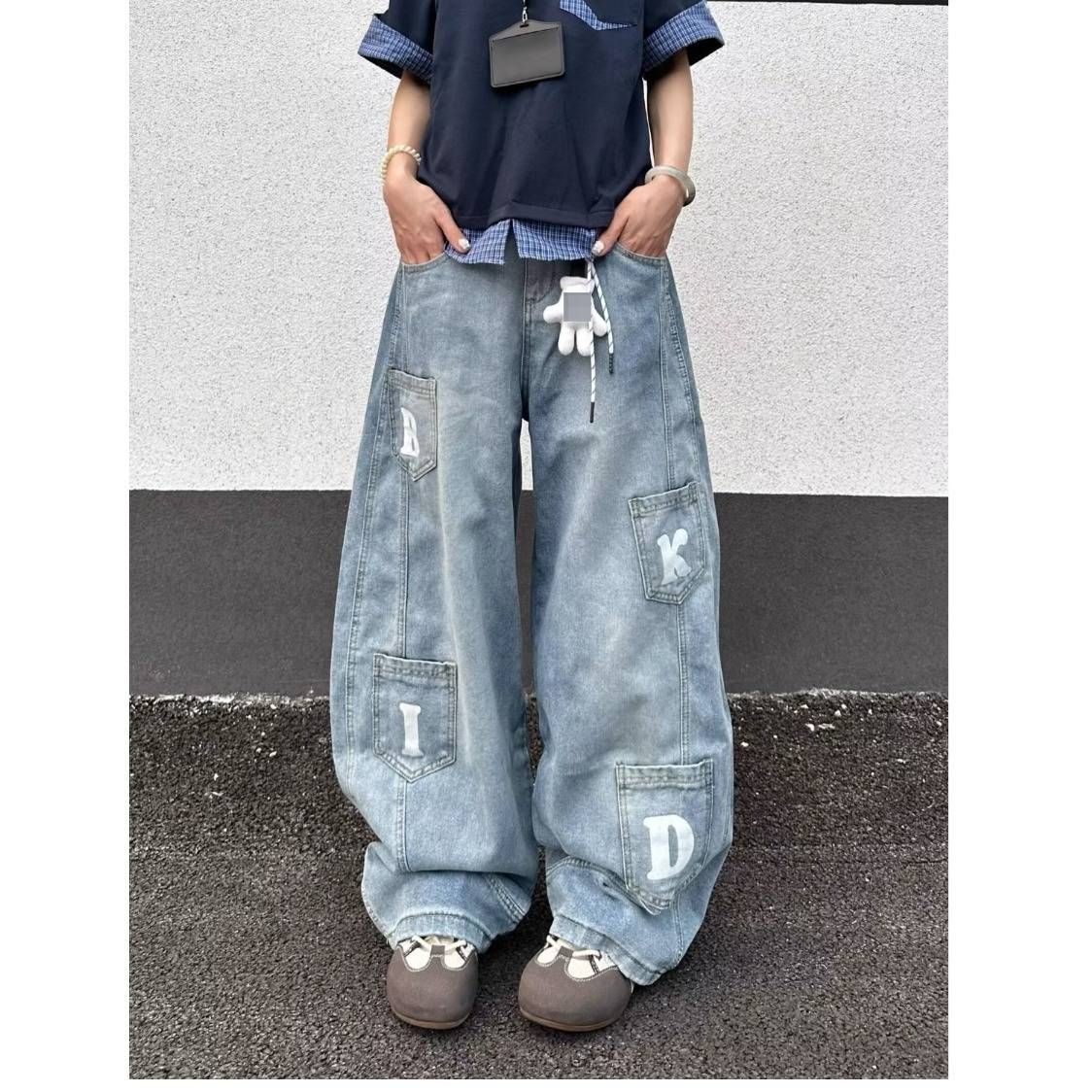 Vintage Washed Blue High-Waisted Wide-Leg Jeans For Men & Women – Relaxed Fit, Multi-Pocket, Retro Denim Pants_mkmklike.com