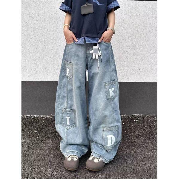 Vintage Washed Blue High-Waisted Wide-Leg Jeans For Men & Women – Relaxed Fit, Multi-Pocket, Retro Denim Pants_mkmklike.com