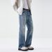 Clanfit Ripped Jeans Patched Detail High Street Retro Style Straight Leg Loose Fit Heavyweight Men's Trousers_mkmklike.com