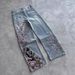 Men's Y2K Heavy Duty Floral Embroidered Jeans Street Style Midweight Straight Leg Mid Waist Black Blue_mkmklike.com