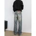 Men's Distressed Rhinestone Jeans – Loose Straight-Leg Vintage Denim Pants With Flared Hem For Retro Streetwear_mkmklike.com