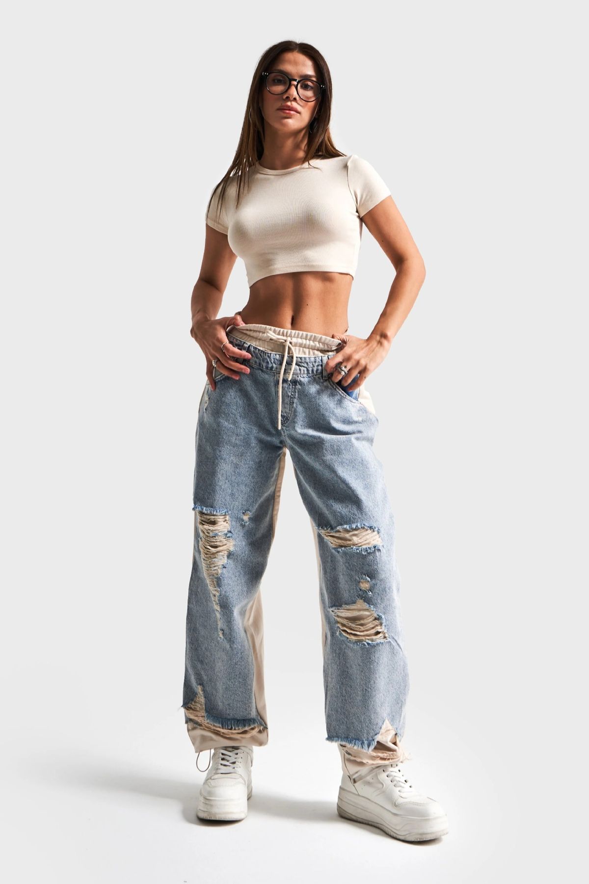 Retro Distressed Patchwork High-Waisted Drawstring Loose Slim Fit Jeans for Women 2025 European And American Style Cross Border Hot Selling_mkmklike.com