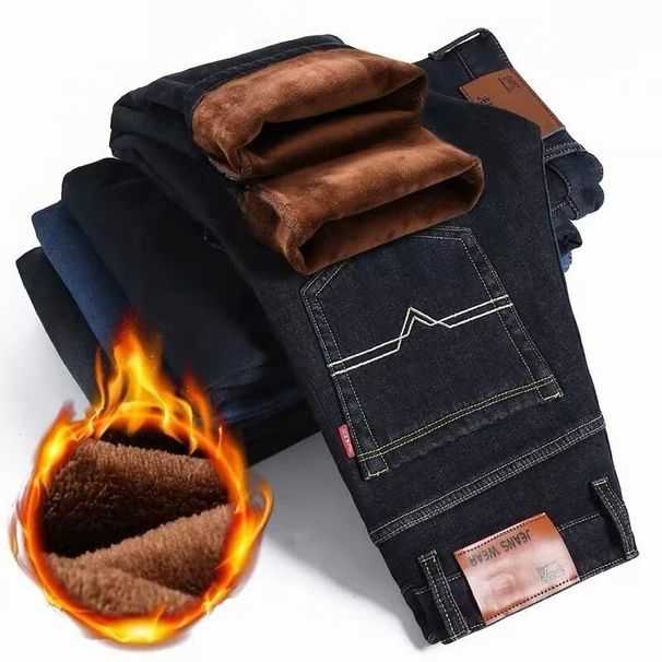 Men's Fleece-Lined Thick Winter Jeans - High Waist Loose Fit Comfortable & Warm Anti-Wrinkle Casual Pants For Cold Weather_mkmklike.com