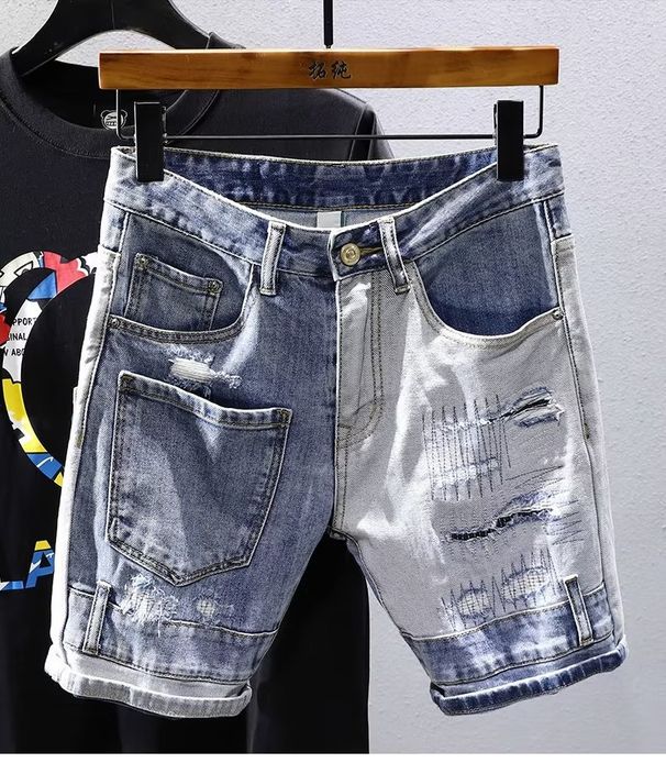 Men’s Slim-Fit Distressed Denim Shorts – Paint Splatter & Patchwork Streetwear (Blue, Sizes 28-36)_mkmklike.com