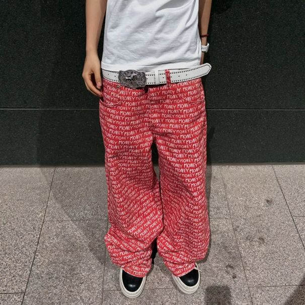 Men's American Retro Red Letter All over Jacquard Jeans Wide Leg Straight Leg Trousers Light Luxury Trendy Street Style_mkmklike.com