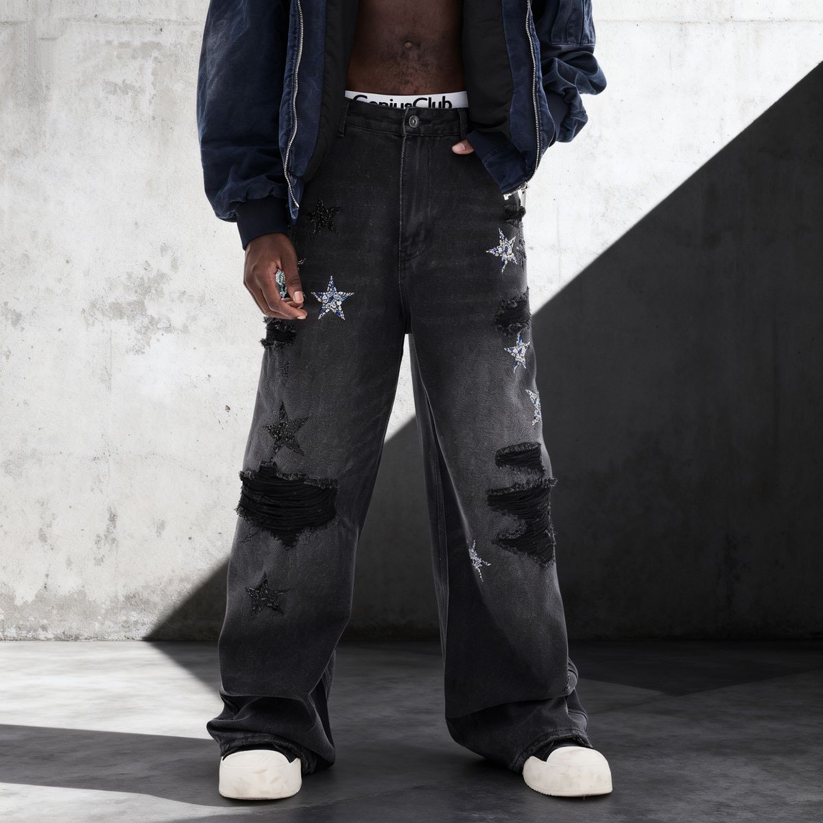 Men's Classic Black Distressed Denim Jeans – Relaxed Straight-Leg Vintage Wash With Faux Rips (Streetwear Baggy Fit, Non-Stretch Cotton)_mkmklike.com