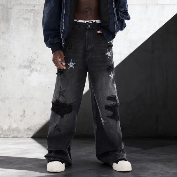 Men's Classic Black Distressed Denim Jeans – Relaxed Straight-Leg Vintage Wash With Faux Rips (Streetwear Baggy Fit, Non-Stretch Cotton)_mkmklike.com