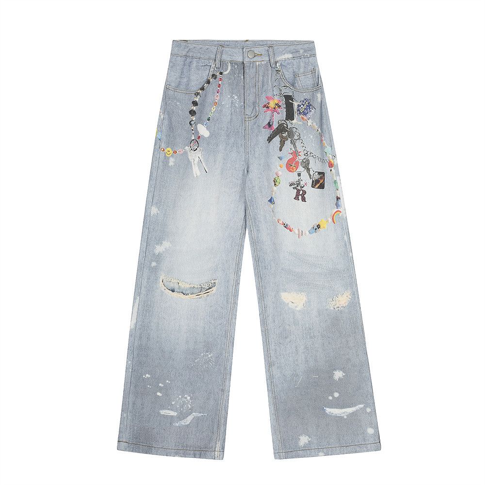 3D Digital Print Chain Washed Jeans For Men, Unique Design, Casual Loose Fit, Distressed Straight-Leg Pants, Trendy_mkmklike.com