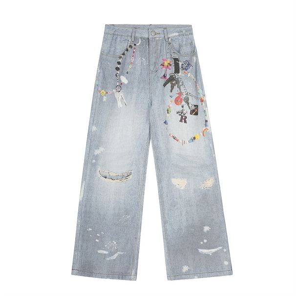 3D Digital Print Chain Washed Jeans For Men, Unique Design, Casual Loose Fit, Distressed Straight-Leg Pants, Trendy_mkmklike.com