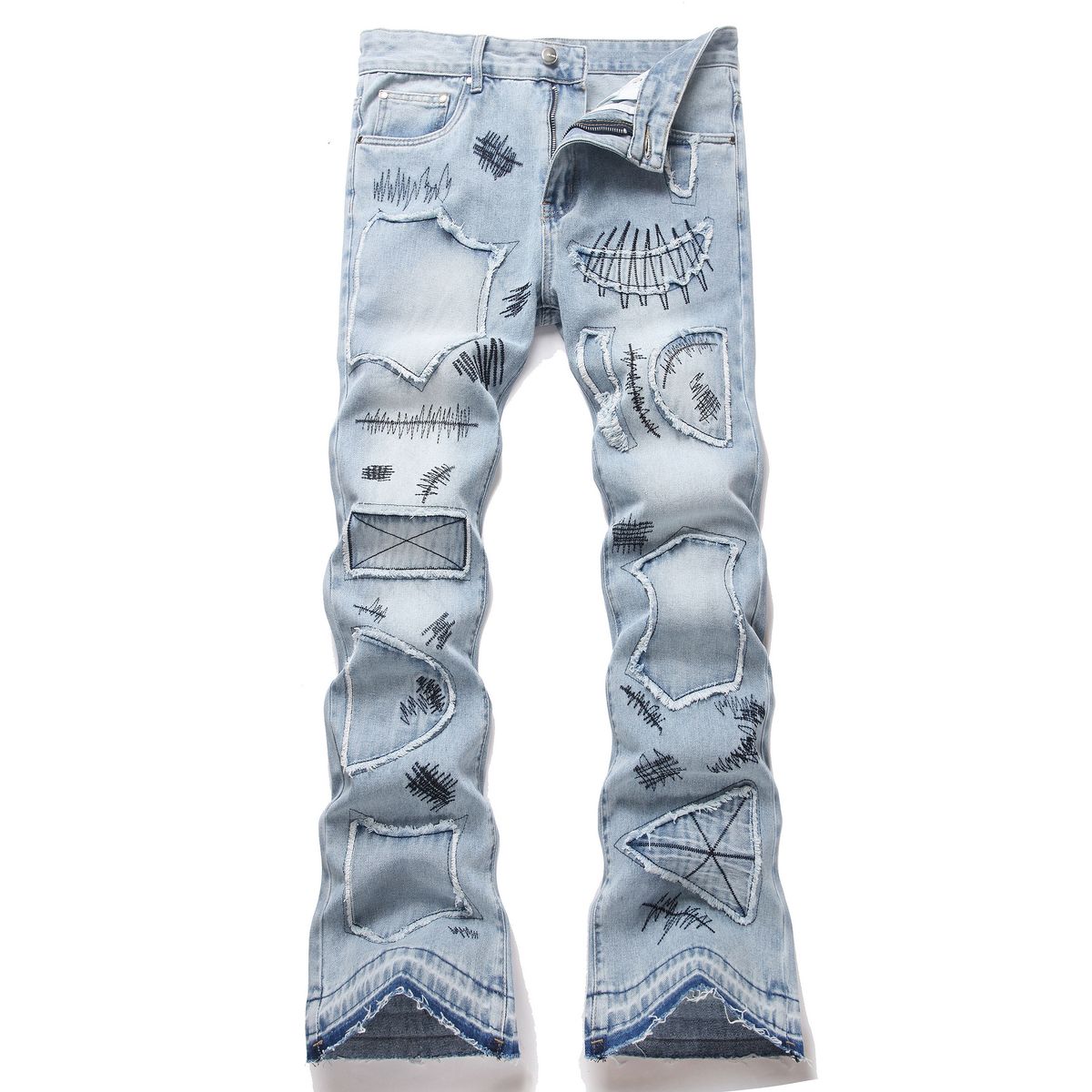High Street Fashion Men's Washed Flared Jeans Graffiti Personalized Embroidery Patchwork New Style Platform_mkmklike.com