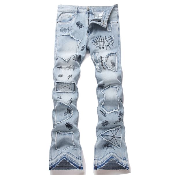 High Street Fashion Men's Washed Flared Jeans Graffiti Personalized Embroidery Patchwork New Style Platform_mkmklike.com
