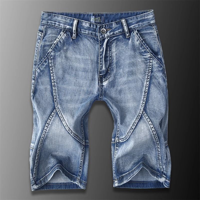 Men's Summer Thin Stretch Denim Shorts Patchwork Five Point Loose Straight Leg Casual Mid Length Korean Style Trendy Clothing_mkmklike.com