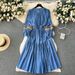 ELLE ELLE Denim For Women, Autumn New Heavy Embroidery Ethnic Style Waist-Cinching Dress, Slimming And Elegant Long Dress_mkmklike.com