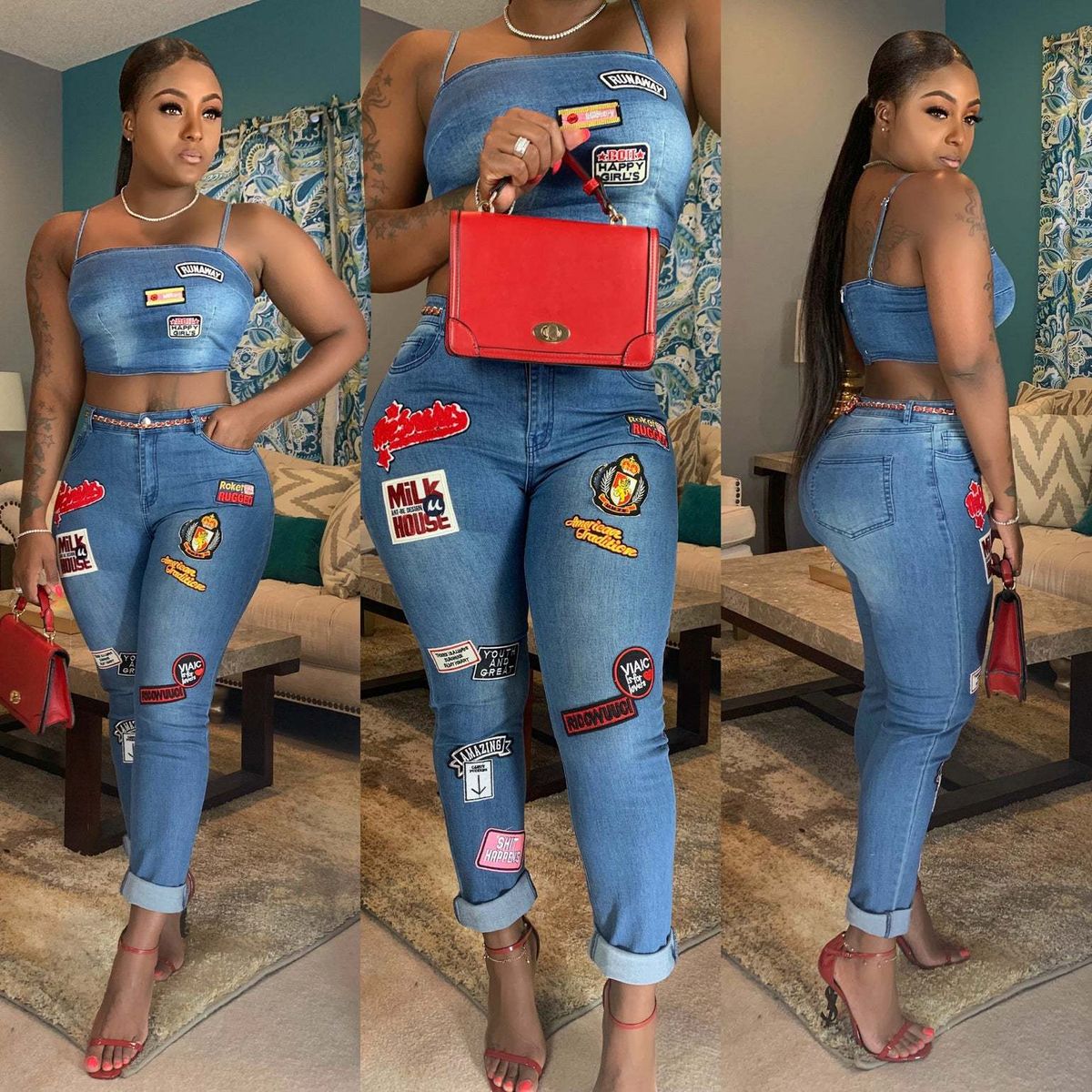 Women’s Clothing Sexy New Cartoon Patch Cuff Jeans Suit_mkmklike.com