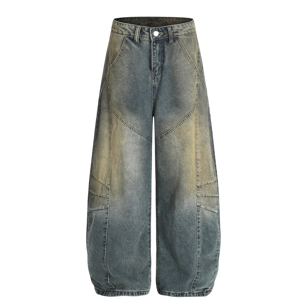 Post-apocalyptic Style Washed Vintage Scimitar Wide-Leg Jeans For Men High Street Trendy Three-Dimensional Deconstructed_mkmklike.com