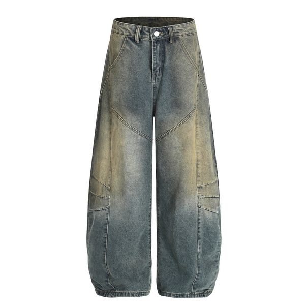 Post-apocalyptic Style Washed Vintage Scimitar Wide-Leg Jeans For Men High Street Trendy Three-Dimensional Deconstructed_mkmklike.com