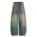Post-apocalyptic Style Washed Vintage Scimitar Wide-Leg Jeans For Men High Street Trendy Three-Dimensional Deconstructed_mkmklike.com
