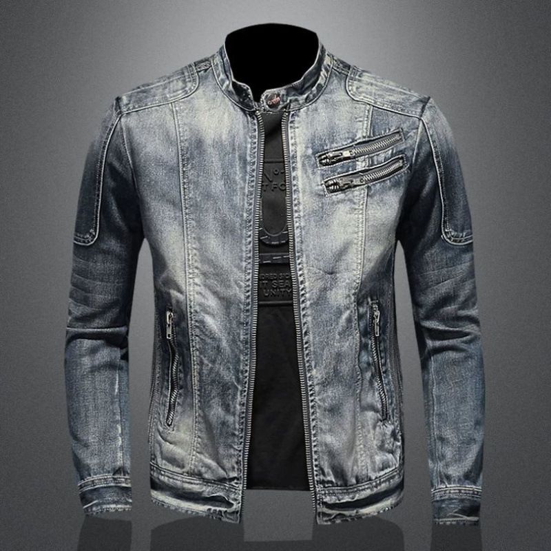 Men's New Denim Casual Stand Up Collar Zipper Jacket, Riding Motorcycle_mkmklike.com
