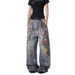 American High Street 3D Digital Print Jeans For Men And Women With Chain, Distressed Mud Dye, Ink Splash, Loose Straight_mkmklike.com