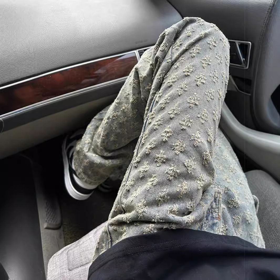 Men's Clothing Blue Jacquard Full Print Flared Jeans Oversize Pants Trendy Brand Cool Street Men's Workwear Straight Pants_mkmklike.com