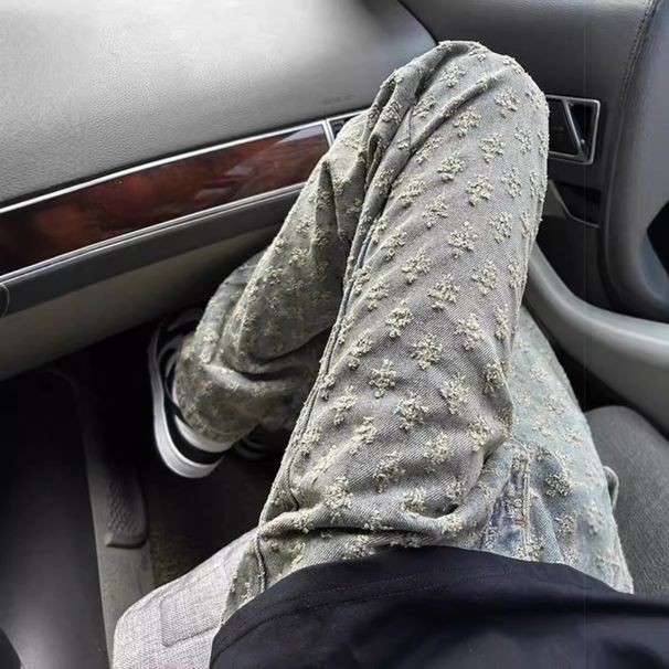 Men's Clothing Blue Jacquard Full Print Flared Jeans Oversize Pants Trendy Brand Cool Street Men's Workwear Straight Pants_mkmklike.com