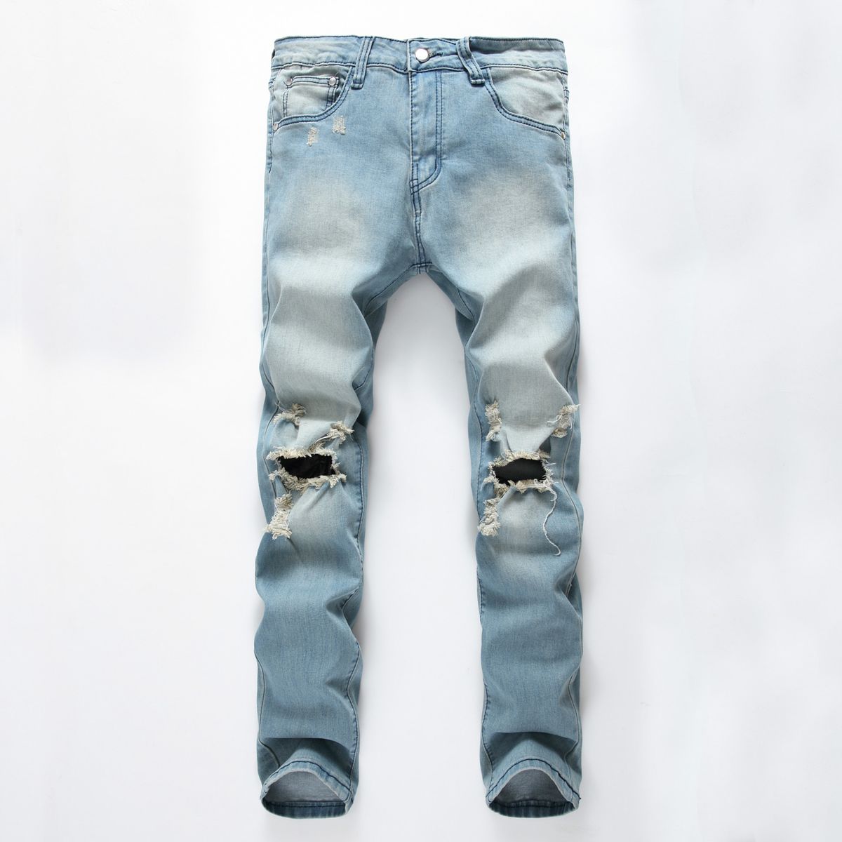 Men's Clothing New Denim Slightly Elastic Knee Ripped Jeans Trendy Street_mkmklike.com