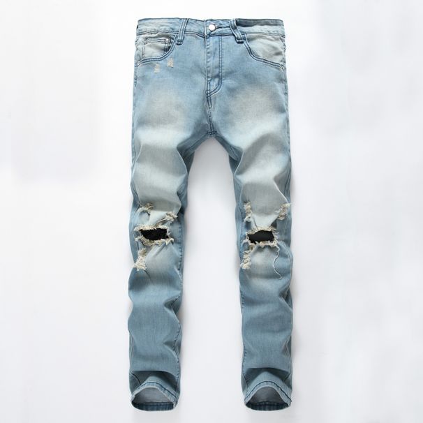 Men's Clothing New Denim Slightly Elastic Knee Ripped Jeans Trendy Street_mkmklike.com