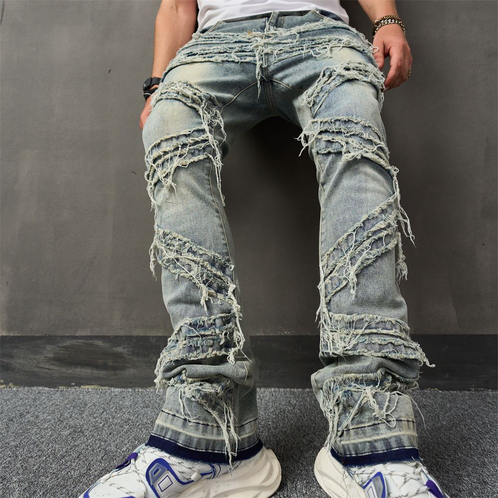 Men's Clothing New torn jeans, cat whisker sewn fabric, fashionable elastic loose wide leg pants, casual men's pants_mkmklike.com