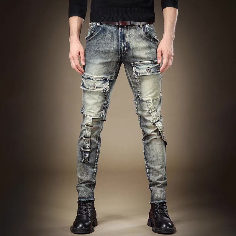 Slim-fit Elastic Jeans Men's Trendy Brand Retro Design Sense Thin Pants Men's Splicing Trousers_mkmklike.com