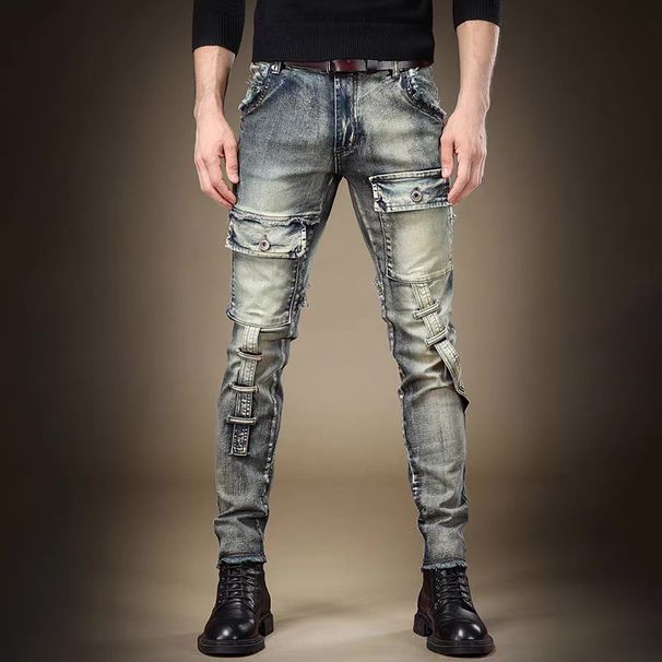 Slim-fit Elastic Jeans Men's Trendy Brand Retro Design Sense Thin Pants Men's Splicing Trousers_mkmklike.com