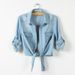 K Fringed Knotted Sleeve Denim Shirt For Women Short Thin Jacket_mkmklike.com