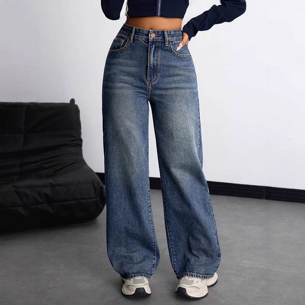 New Women's High-Waisted Wide Leg Jeans Loose Fit Straight Leg Slimming Fashionable Versatile Washed_mkmklike.com