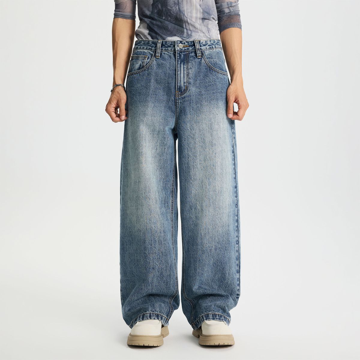 Men's Clothing Heavyweight Bamboo Washed Denim Jeans Loose Fitting Wide Leg Trousers For Men And Women Street Style Retro High Street_mkmklike.com