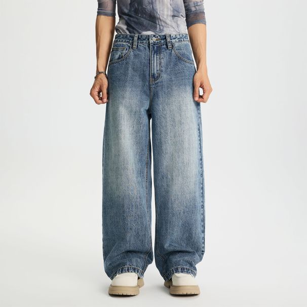 Men's Clothing Heavyweight Bamboo Washed Denim Jeans Loose Fitting Wide Leg Trousers For Men And Women Street Style Retro High Street_mkmklike.com