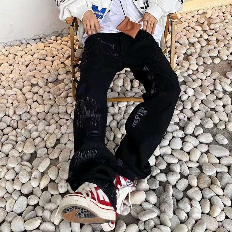 Men's Trendy Hip Hop Jeans Distressed Knife Cut Ripped Loose Wide Leg Embroidered High Street Style_mkmklike.com