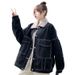 Women's Loose-Fit Denim Jacket With Velvet Lining – Classic Indigo & Black Winter Workwear Style_mkmklike.com