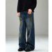 Boys Retro Hip Hop Deconstructed Distressed Ink Straight Jeans mid Waist High Street Style American Pants with Slight Stretch_mkmklike.com