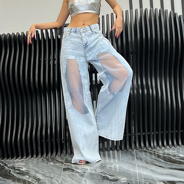 Women's Clothing Street Style Low Waist Ripped Mesh Stitching Jeans Summer Fashion Trend Wide Leg Denim Trousers_mkmklike.com