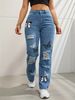 Distressed Butterfly Print High Waist Straight Leg Jeans For Women - Fashion Denim Pants With Contrast Stitching, Comfort Stretch Fit_mkmklike.com