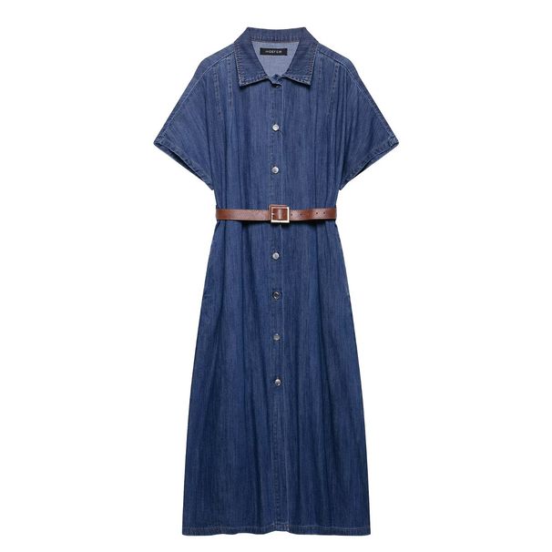YALTEI Spring New Women's Style French Fashion With Belt Midi Cowboy Dress 0108025_mkmklike.com
