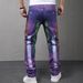 Men's Purple Distressed Skinny Jeans – Vintage Washed Denim Pants With Paint Splatter & Handmade Rips For Urban Streetwear_mkmklike.com