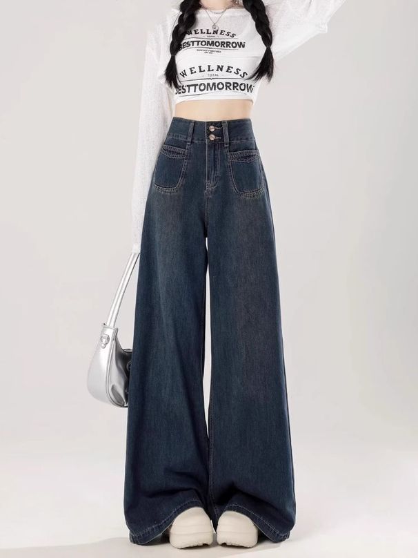 Plus-Size Relaxed Fit Jeans For Women – High-Waisted Wide-Leg Denim Pants With Flannel Lining (Dark Blue, S-2xl)_mkmklike.com