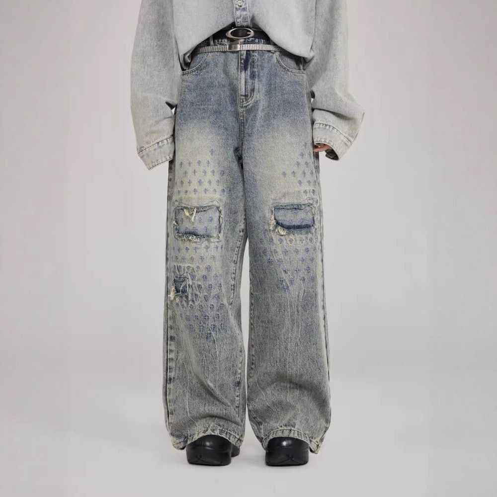 Men's Clothing Retro Ripped Jeans Straight Leg Pants For Men And Women Loose Wide Leg Long Trousers Spring Autumn Style Summer Floor Length_mkmklike.com
