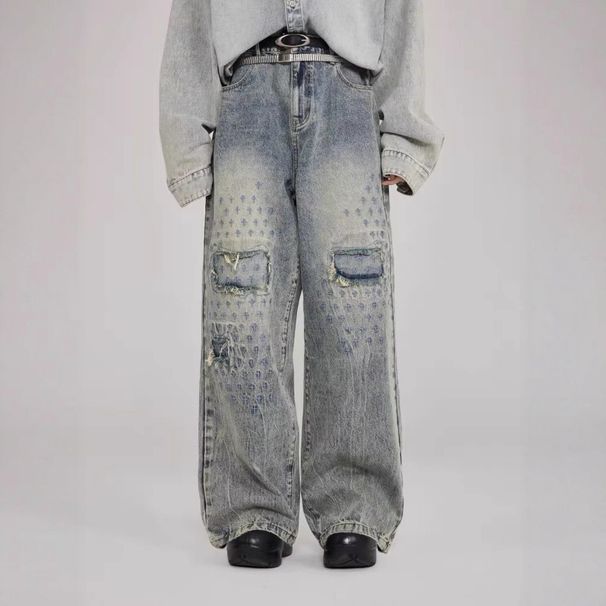 Men's Clothing Retro Ripped Jeans Straight Leg Pants For Men And Women Loose Wide Leg Long Trousers Spring Autumn Style Summer Floor Length_mkmklike.com