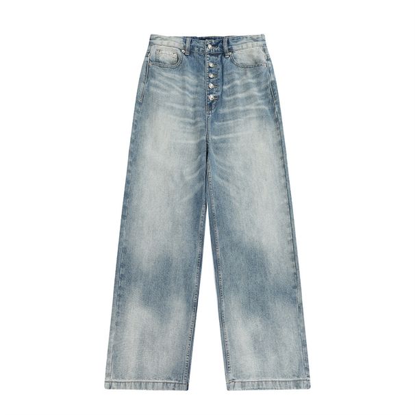 Washed Gradient Tie-Dye Denim Men's Trendy Punk Loose Wide-Leg Straight Pants With Frayed Heels And Button Closure_mkmklike.com