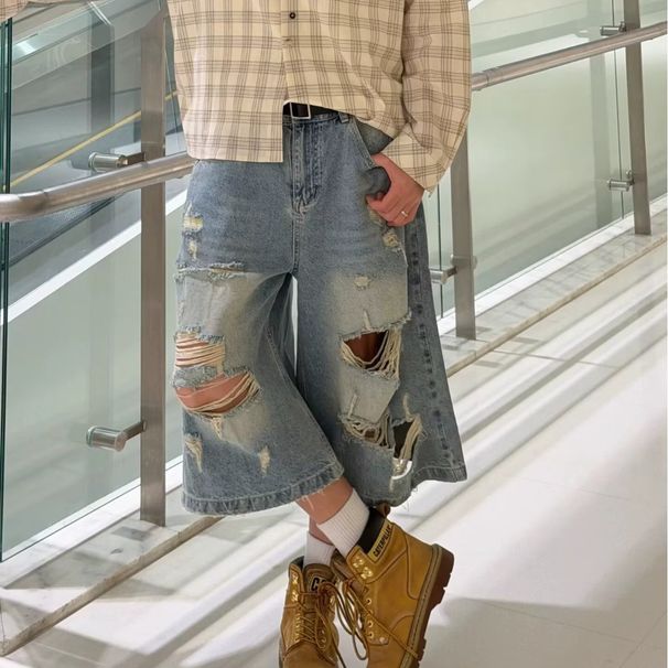 Unisex Distressed Denim Capri Pants Vintage Washed Wide-Leg Shorts For Men And Women Breathable Cotton Blend_mkmklike.com